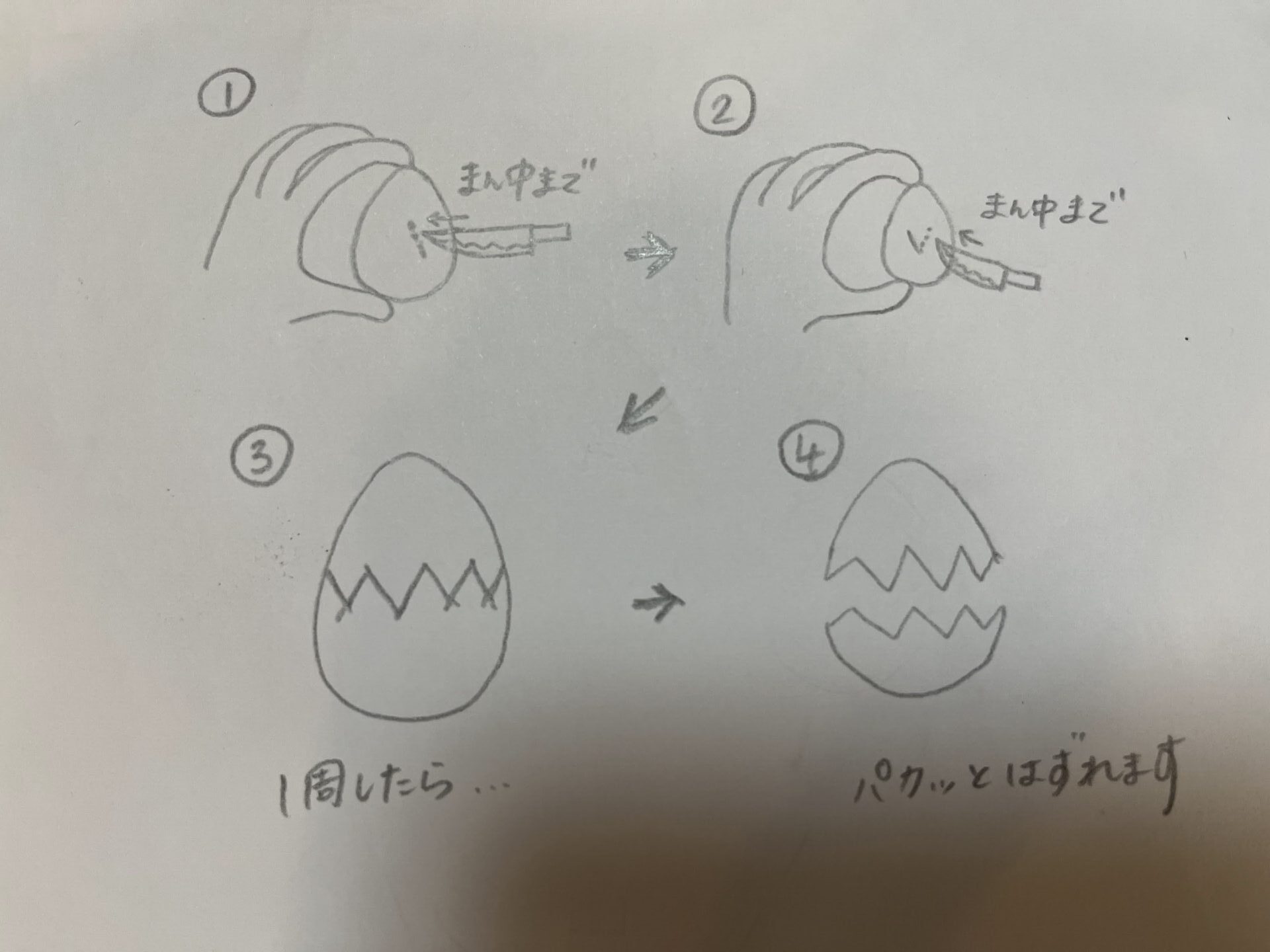 ゆでたまごの花形飾り切りの図解。